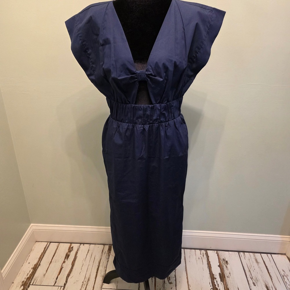 MISA Los Angeles Navy Blue V-Neck Bow Cutout Smocked Waist Midi Dress NEW